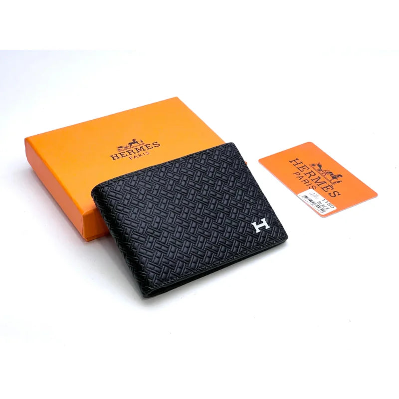 Hermes black pebbled leather men's bifold wallet