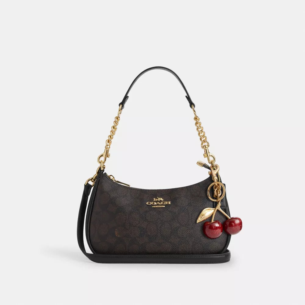 Coach Teri Shoulder Bag in Signature Canvas with Cherry Charm Brown  Black